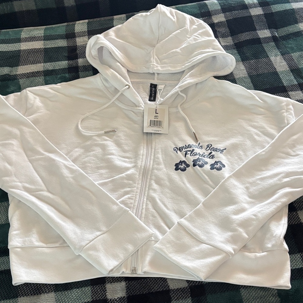 White Hooded Jacket with Embroidery Pensacola Beach hoodie